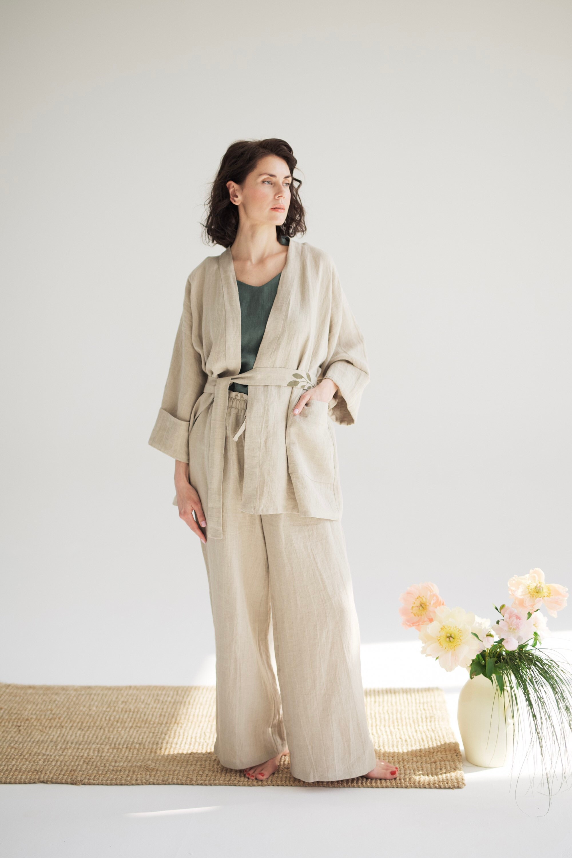 Linen kimono and pants set / Natural linen suit / Loose kimono Etsy