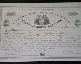 1862 SC Civil War Confederate Bond - Militair defensievoorraadcertificaat