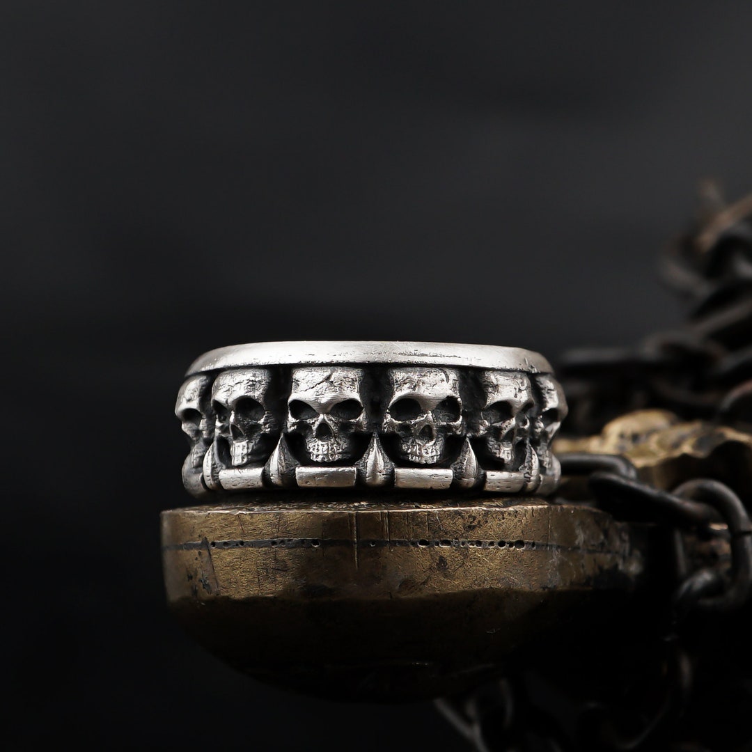 Mens Skull Wedding Ring, Sterling Silver Skull Eternity Ring, Mens