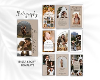 May include: A set of 10 Instagram story templates with a brown and beige color scheme. The templates feature a variety of images, including portraits, landscapes, and close-ups. The text on the templates includes "Photography", "Beautiful day", "Kind words", "Latest additions", "Portrait", "Upcoming sessions", "Spring sessions", "Easter sessions", "Cotil", and "Insta story template".