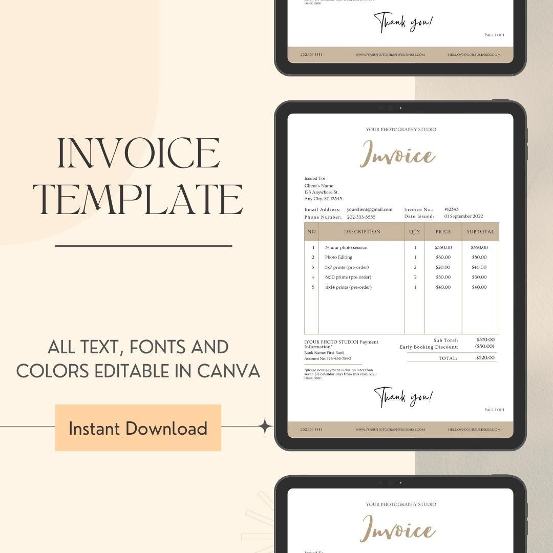 Invoice Template for Photographers, INSTANT DOWNLOAD, Photography Form