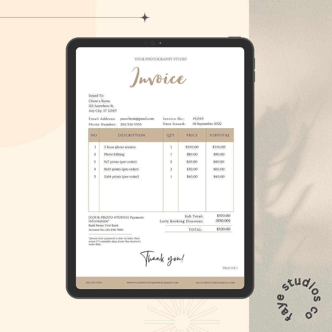 Invoice Template for Photographers, INSTANT DOWNLOAD, Photography Form