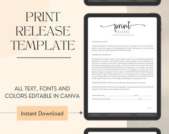 Client Photo Print Release Form, Photography Printing Release Form, Photographer Print Release template, Instant download