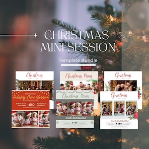 Peut inclure: Trois modèles de mini-séances de Noël pour photographes. Les modèles présentent un thème rouge et vert avec des images de familles en tenue de fête. Le texte sur les modèles indique "Christmas Mini Session", "Holiday Mini Session", "Christmas Minis" et "Now Booking!" Le prix est indiqué à 150 €.
