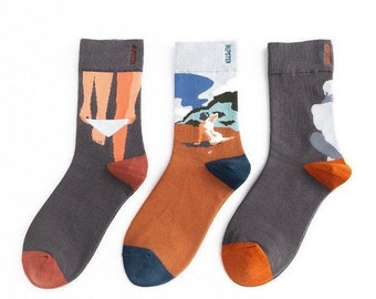 Miss June’s | Set 3 pairs cotton socks｜Creative | Colorful | Cool | Patterned | Designed | Unisex | Gift Idea | Art | Comfortable | Men