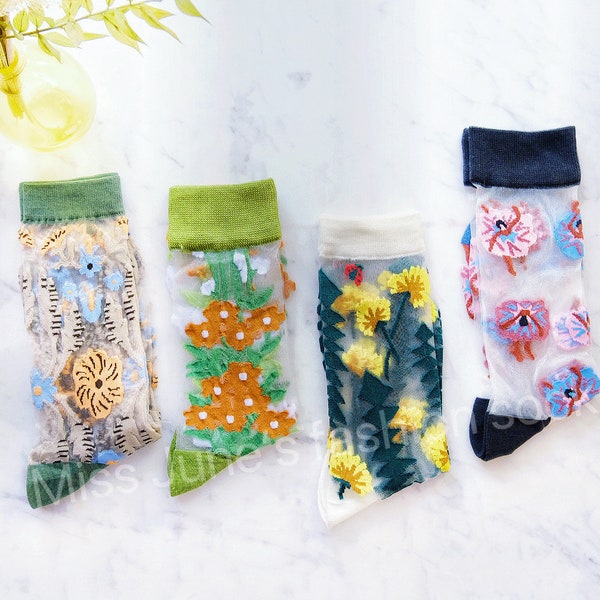 Miss June’s | Women’s Glass Silk-like Transparent socks | Cute | Colorful | Summer | Patterned | Gift Idea | Casual | Comfortable | Floral |