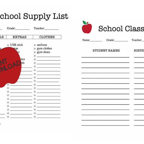 Printable School Supply List & Class List - Instant Download PDF