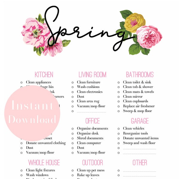 Printable Spring Cleaning Checklist - Floral Design - Instant Download PDF