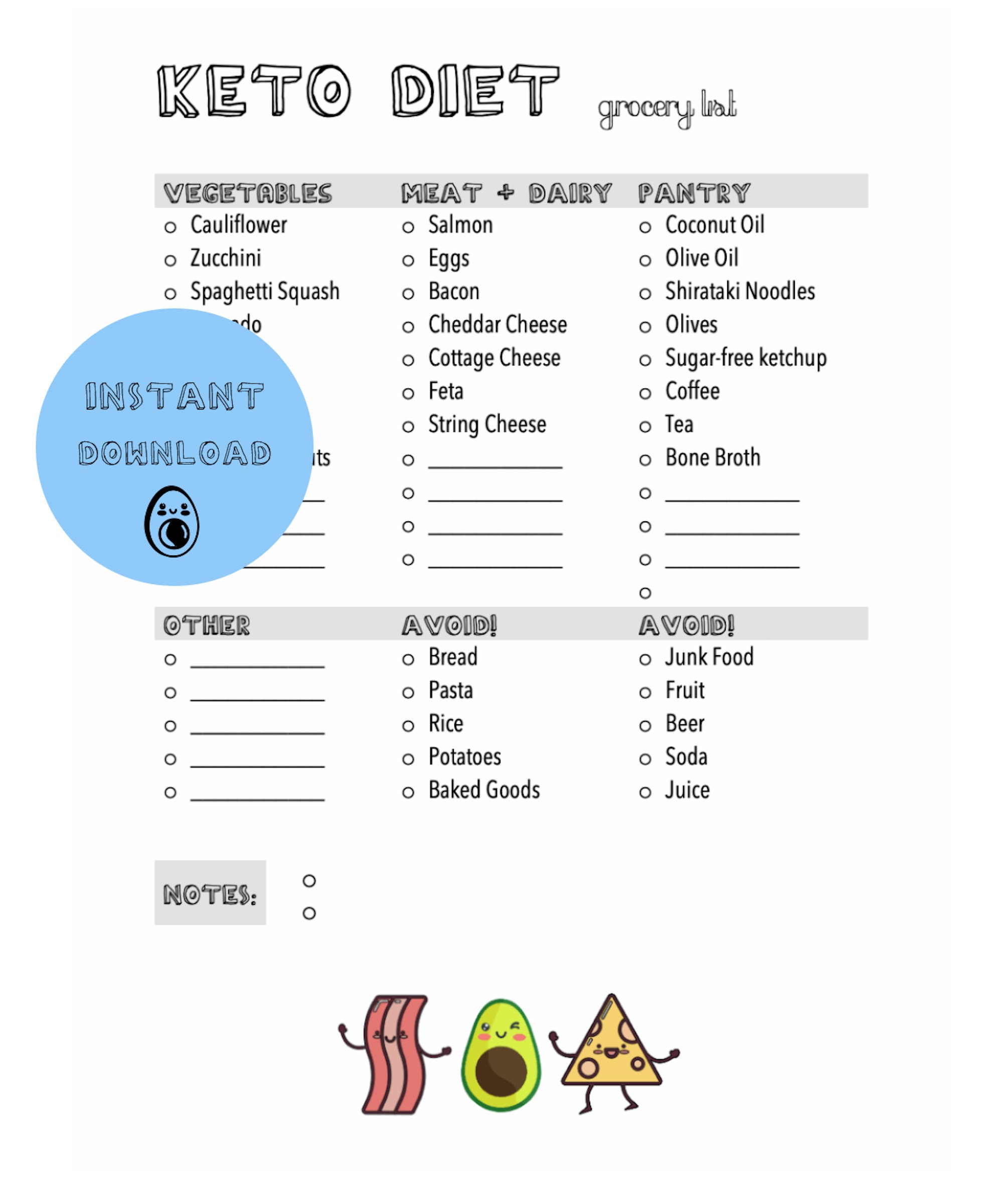 Printable Keto Diet Grocery List - Clean Design - Instant Download PDF - Etsy