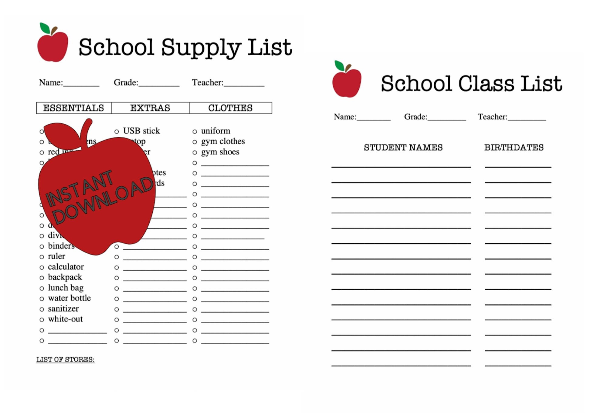 Printable School Supply List & Class List Instant Download PDF Etsy