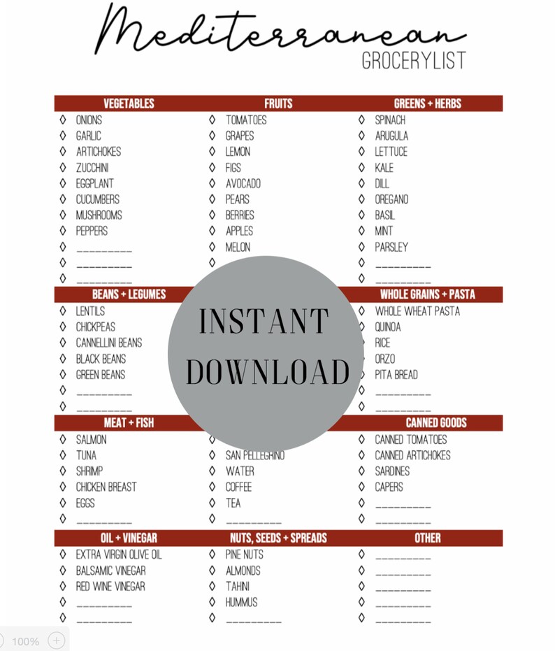 Mediterranean Diet Grocery List Printable