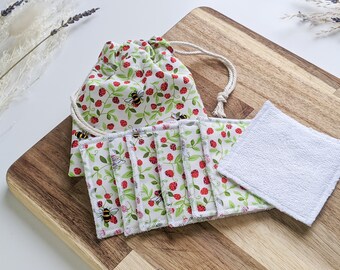 Strawberry Bee Pattern Reusable Drawstring Bag and Make Up Remover Face Pads Set of 7 100% Cotton Eco Friendly Spring Birthday Gift Her