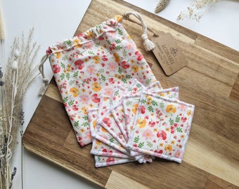 Meadow Floral Orange Pattern Reusable Drawstring Bag and Makeup Remover Face Pads Set of 7 100% Cotton Eco Friendly Spring Gift Her Gift