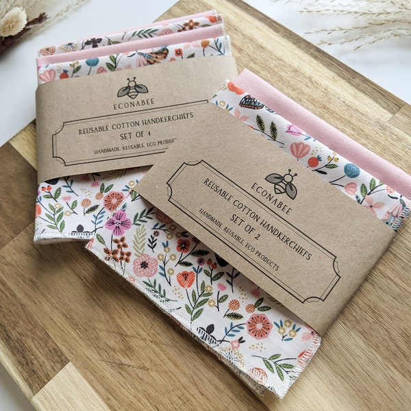 Cotton Handkerchief / Reusable Hankies - Set Of 2 or 4 Butterfly Wildflower and Peach Pink - Gifts for mother, friends or wedding favours.