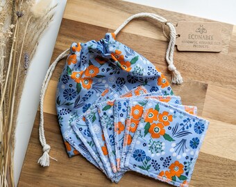 Blue and Orange Floral Pattern Reusable Drawstring Bag and Make Up Remover Face Pads Set of 7 100% Cotton Eco Friendly Spring Gift For Her