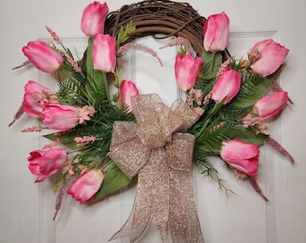 Tulip Wreath for Front Door Pink Tulip Grapevine Wreath Mothers Day Spring Tulip Wreath Housewarming Gift Birthday Home Decor Door Hanger