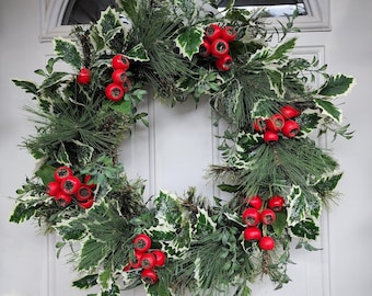 Winter Wreath Front Door Christmas Wreath Red Berry Holly Christmas Wreath Christmas Decor Traditional Christmas Wreath Housewarming Gift