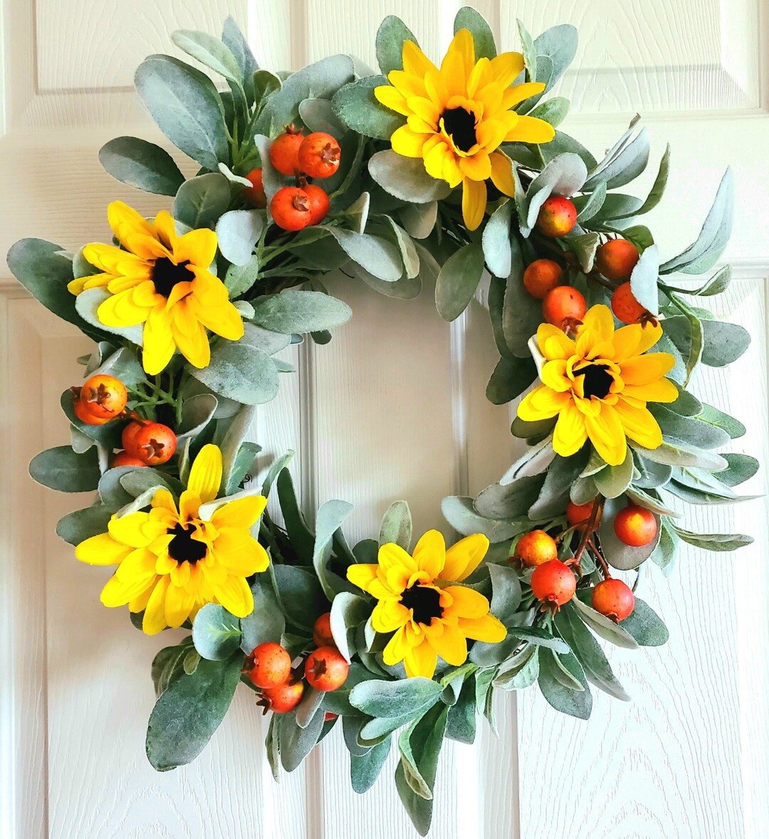 Sunflower Wreath, Lambs Ear and Orange Berry, Fall Door Decor - Etsy