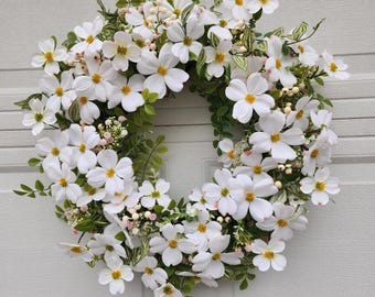 White Dogwood Wreath for Front Door, Spring Wreath, Everyday Floral Wreath, Pink and White Flower Wreath, Farmhouse Door Decor, Housewarming