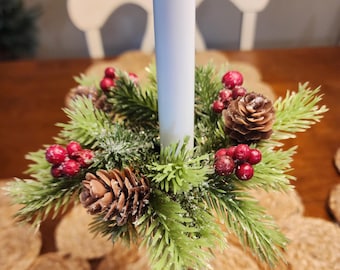 Taper Candle Winter Mini Wreath Ring Pinecone Red Berry Pine Christmas Housewarming Hostess Gift