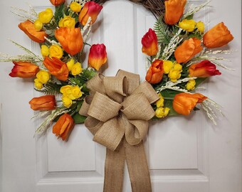 Spring Wreath Front Door Display Summer Accent Yellow Rose Garland Decoration Home Entrance Tulip Bow Burlap Accent Living Room Wall Hanging