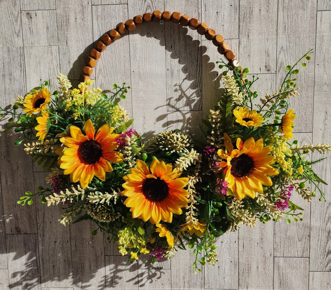 Front Door Sunflower Wreath Decor Sunflower Door Hanger Beaded Hoop ...