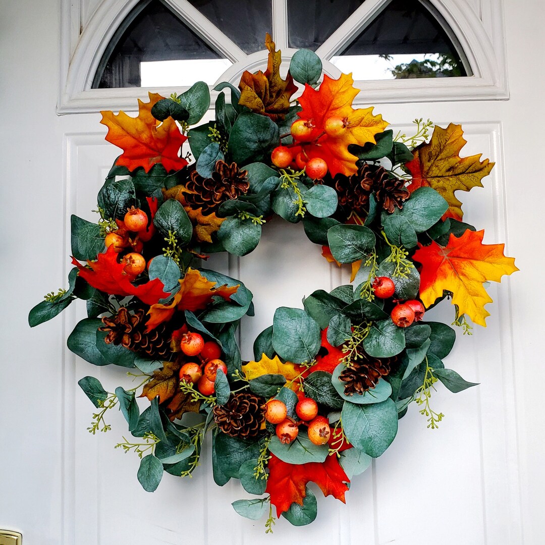 Fall Wreath Eucalyptus Pinecone Wreath Maple Leaves Orange Berries ...