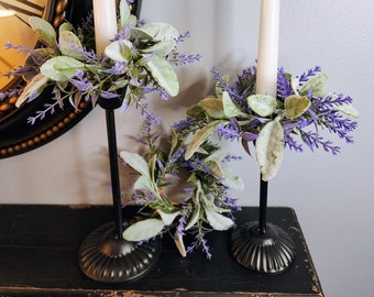 Taper Candle Mini Wreath Lambs Ear Lavender Candle Ring Wreath Farmhouse Wreath Wedding Candle Wreath Ring 1.5Inch Ring for Taper Candle