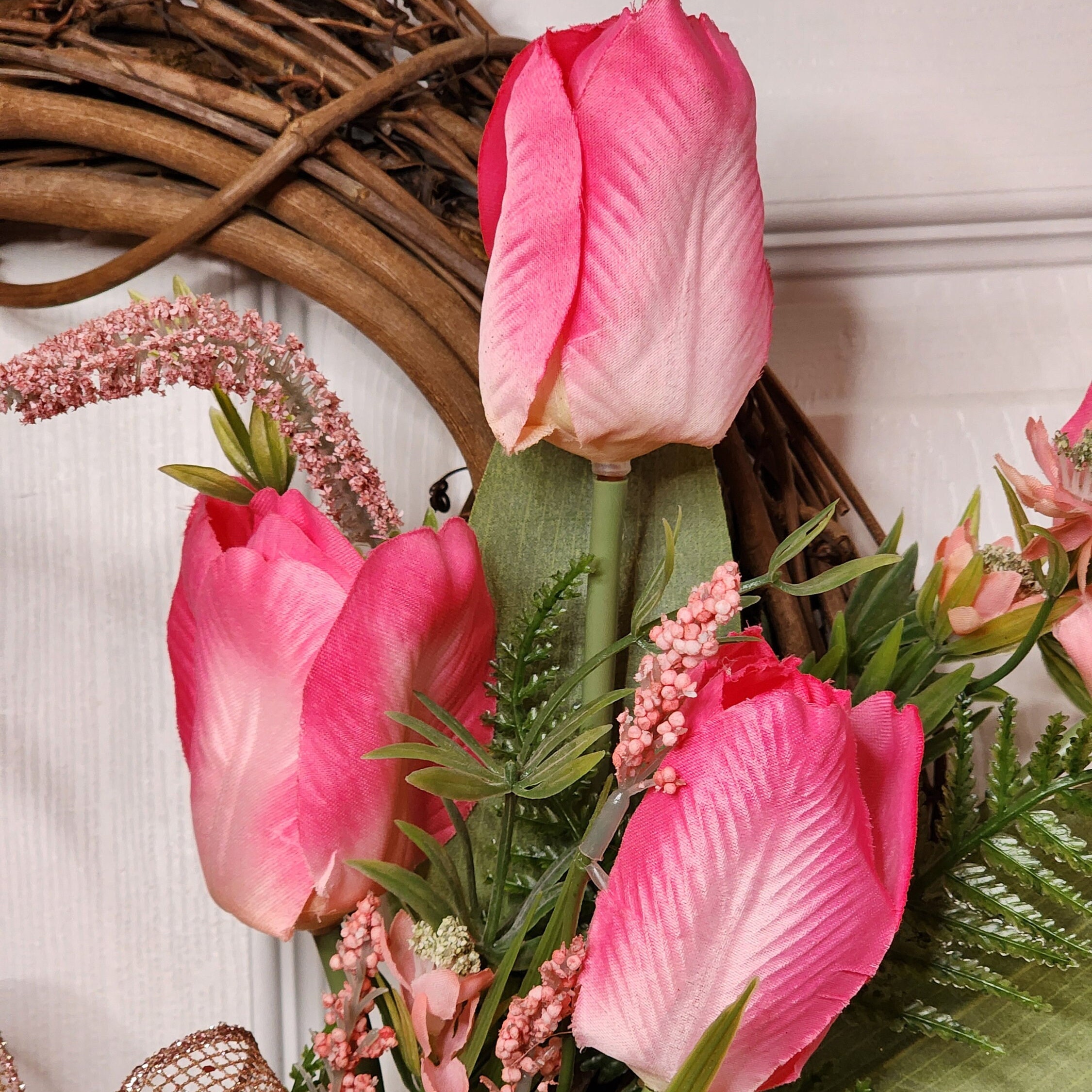 Tulip Wreath for Front Door Pink Tulip Grapevine Wreath Mothers Day ...
