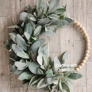 Lambs Ear Wreath For Front Door Minimalist Hoop Wreath Farmhouse Wreath Boho Bead Wreath Neutral Modern Wooden Beaded Wreath Nursery Decor