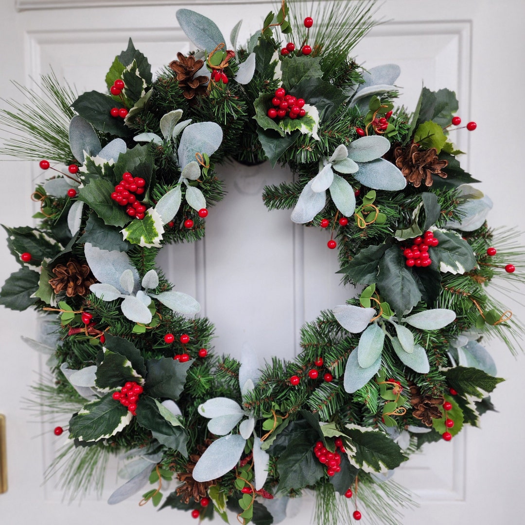 Winter Front Door Wreath With Lambs Ear Pinecones and Red Berries ...
