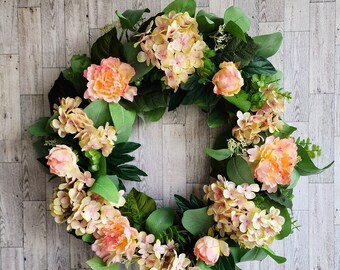 Hydrangea Wreath For Front Door Peach Hydrangea Peony Wreath Birthday Nursery Peach Peony Wreath Farmhouse Shabby Chic Housewarming Gift