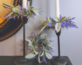 Lavender Lambs Ear Mini Candle Ring Wreath Farmhouse Decor Taper Candle Ring 1.5 Inch Housewarming Hostess Gift