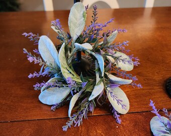 Taper Candle Mini Wreath Lambs Ear Lavender Candle Ring Wreath Farmhouse Wreath Wedding Candle Wreath Ring 1.5 Inch Ring for Taper Candle