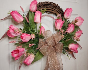 Pink Tulip Wreath Door Hanger for Front Door Spring Wreath Mothers Day Gift Housewarming Gift Birthday for Her Home decor Wall Farmhouse