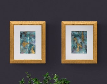 Abstract Art Original Paintings, set of 2 | Mixed Media Artwork | Blue, Pink & Gold Wall Art | Titled "Pool Party, 1929"