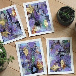 Art abstrait Peintures originales, ensemble de 4 | Œuvres d’art mixtes | Art mural violet, vert et or | Intitulé « Cartes postales de Paris »