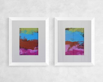 Original Abstract Contemporary Art Paintings, set of 2 | Acrylic Multicolored Wall Art on Paper