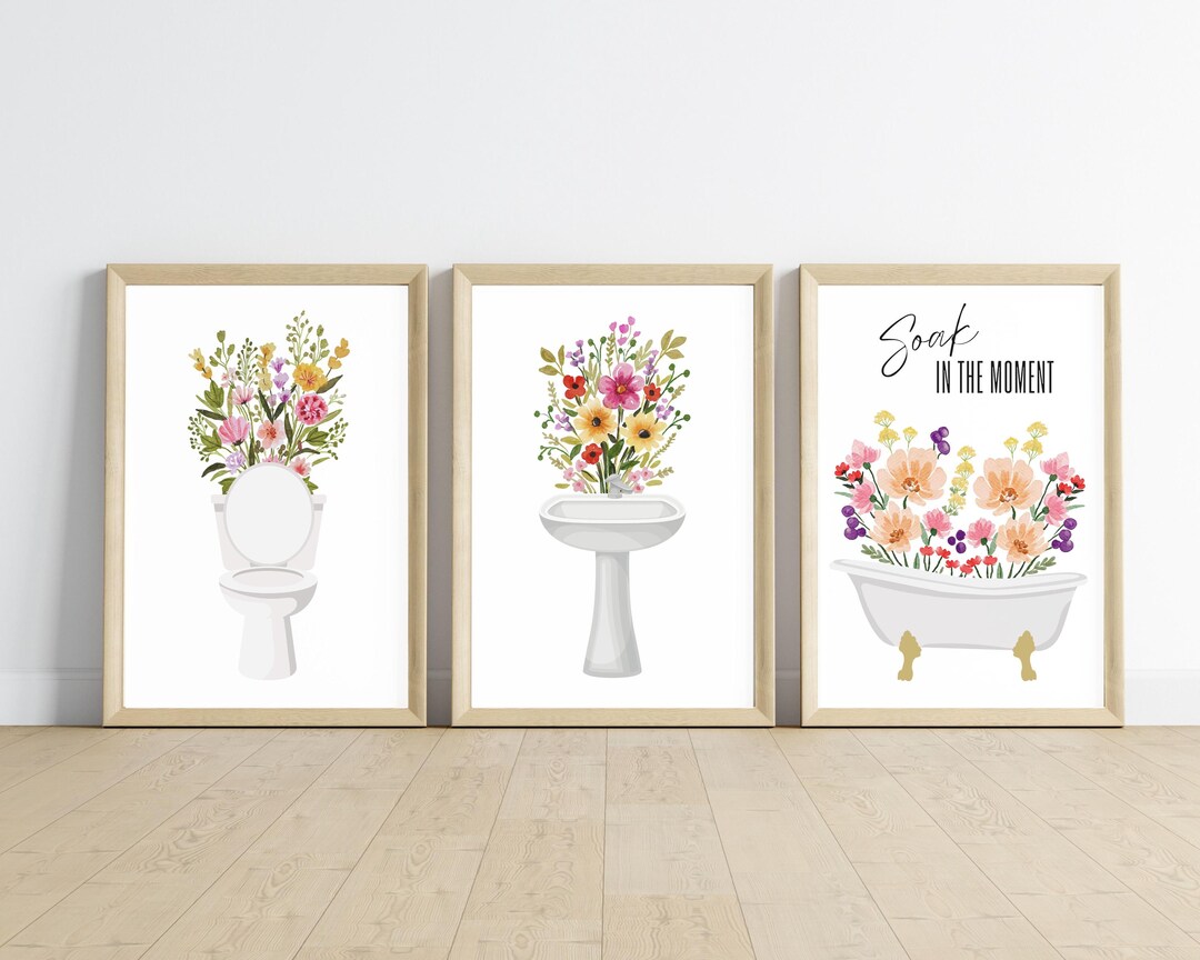 Set of 3, Printable Bathroom Wall Decor, Bathroom Prints, Bathroom Printable Wall Art, Flower ...