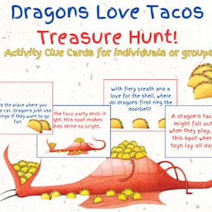 Juego Dragons Love Tacos Treasure Hunt, Pistas de búsqueda del tesoro para interiores y exteriores, Actividad de fiesta de cumpleaños, Guía de actividades temáticas ADICIONALES, iv100