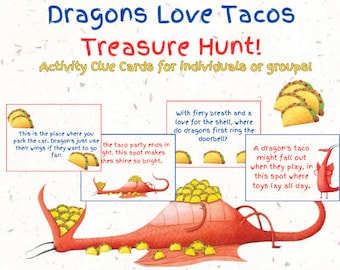 Dragons Love Tacos Treasure Hunt Game | Indoor Outdoor Scavenger Hunt Clues | Birthday Party Activity | BONUS Themed Activity Guide, iv100
