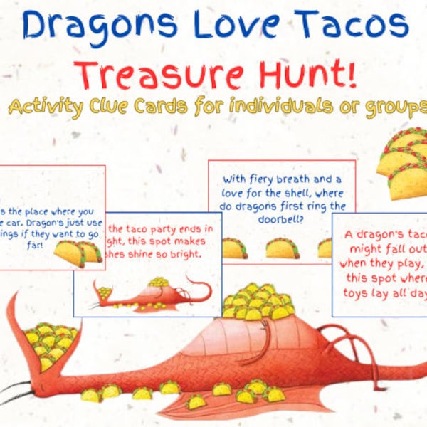 Dragons Love Tacos Treasure Hunt Game / Pistas de búsqueda del tesoro en interiores y exteriores / Actividad de fiesta de cumpleaños / Guía de actividades temáticas BONUS