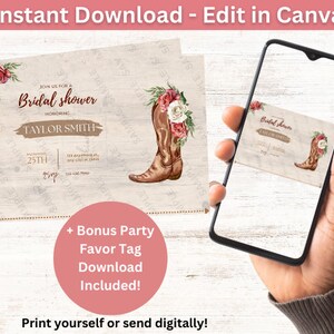 Western Boots Bridal Shower Invitation | Digital Download | Editable In Canva Printable Download | Bridal Shower Invite