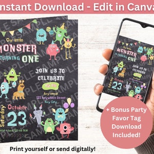 Kleine Monster Party Einladung | Kinder Party Einladung | Digitaler Download | Bearbeitbar In Canva Printable Download | Monsters Kid Invite