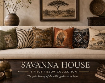 Savanna House Collection: African Safari Throw Pillow with Insert, Leopard, Zebra, Giraffe, Lion, Elephant & Mudcloth-Inspired Decor