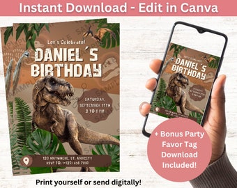 T-Rex Dinosaur Party Invitation | Kids Party Invite | Digital Download | Editable In Canva Printable Download | Dinosaur Birthday Kid Invite