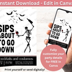 Halloween Sips About To Go Down Party Invitation | Digital Download | Editable In Canva Printable Download | Costumes and Cocktails Invite