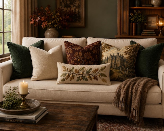 Autumn Manor Collection | Fall Throw Pillow | Vintage Manor Decor | English Cottage Pillow | Moody Autumn Decor | Mix & Match