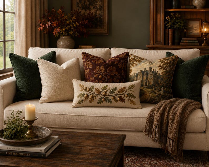 Autumn Manor Collection | Fall Throw Pillow | Vintage Manor Decor | English Cottage Pillow | Moody Autumn Decor | Mix & Match