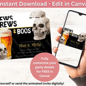 Invitación a la fiesta de Boos And Brews / Descarga digital / Editable en Canva Descarga imprimible / Invitación a la fiesta de Halloween